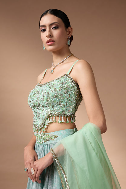 Green Embriodered blouse with floral printed lehenga