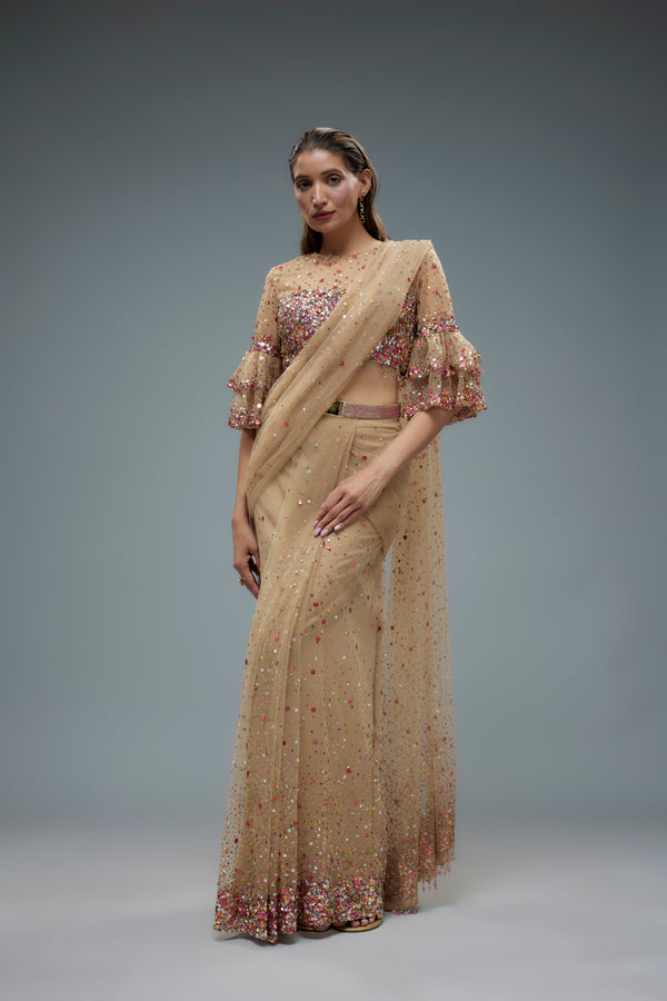 Beige net saree with multisequence blouse