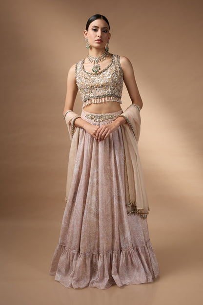 Embriodred Blouse with Beige printed lehenga