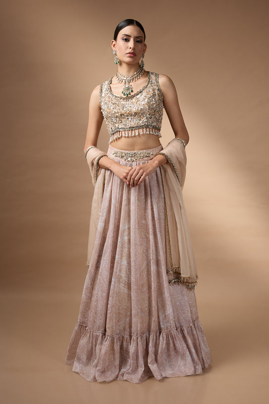 Embriodred Blouse with Beige printed lehenga