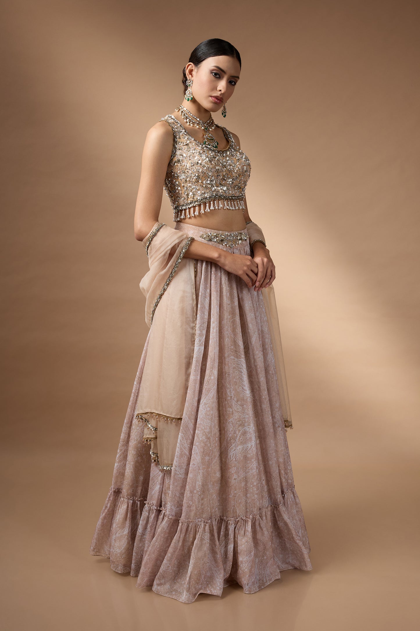 Embriodred Blouse with Beige printed lehenga