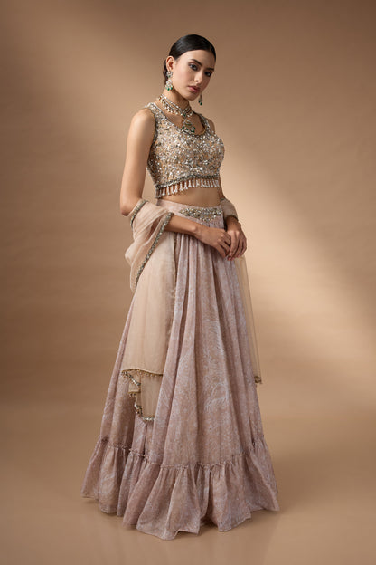 Embriodred Blouse with Beige printed lehenga