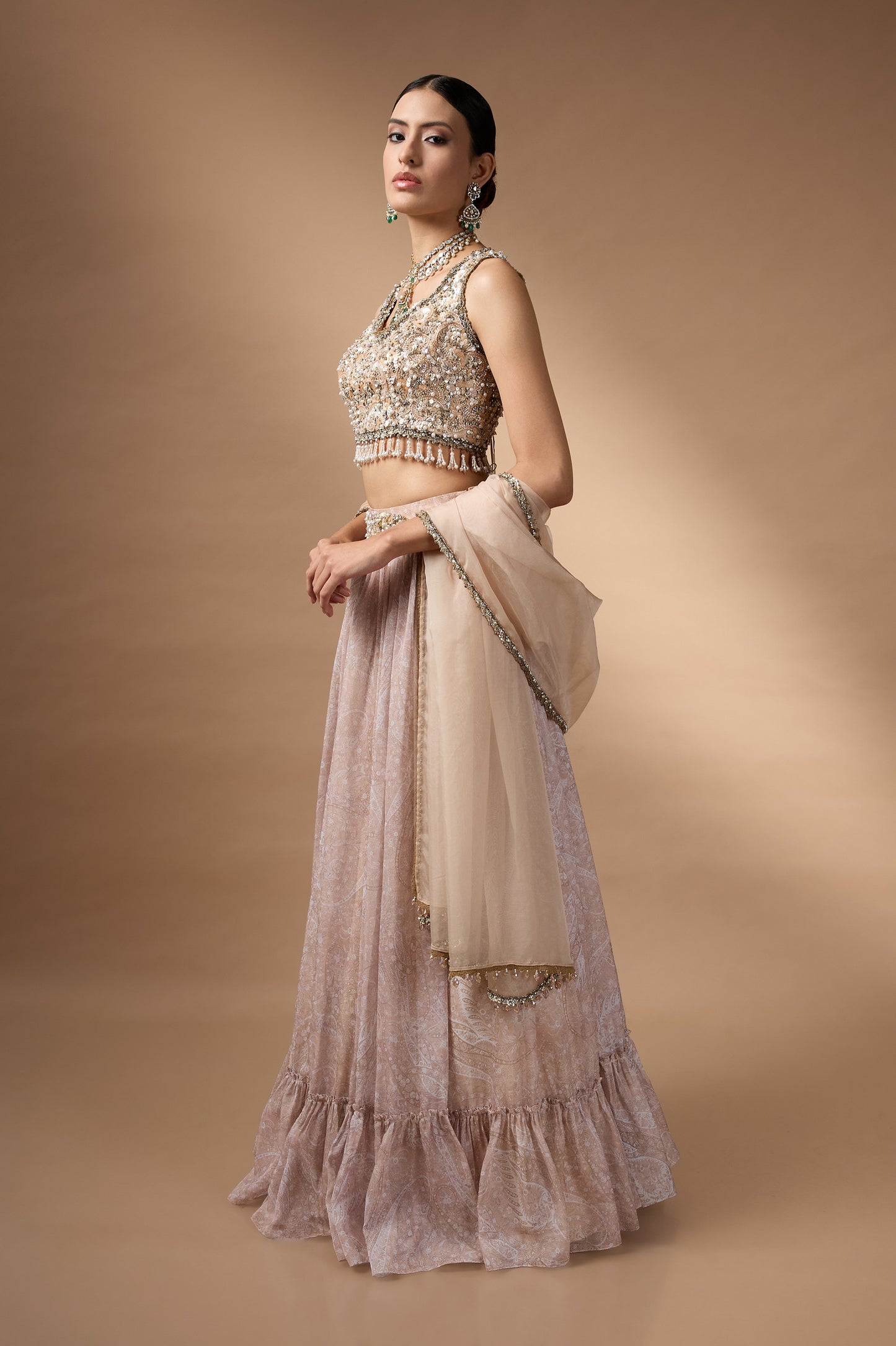 Embriodred Blouse with Beige printed lehenga