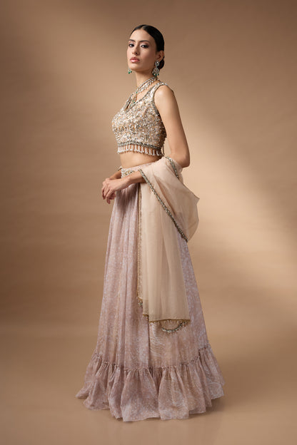 Embriodred Blouse with Beige printed lehenga