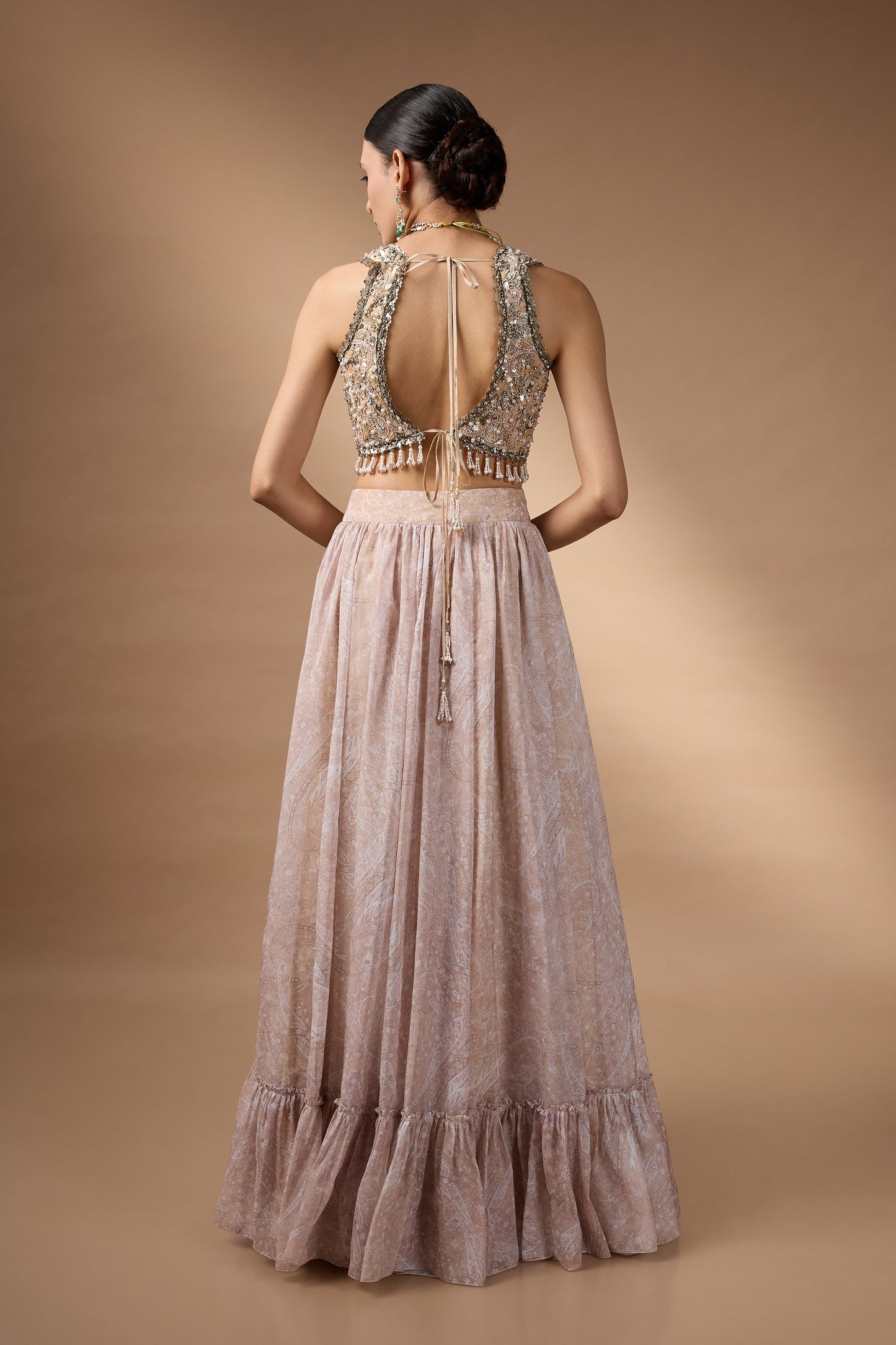 Embriodred Blouse with Beige printed lehenga