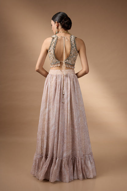Embriodred Blouse with Beige printed lehenga