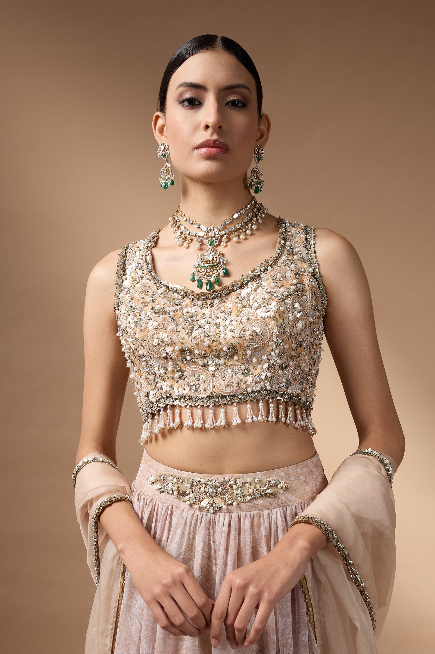 Embriodred Blouse with Beige printed lehenga