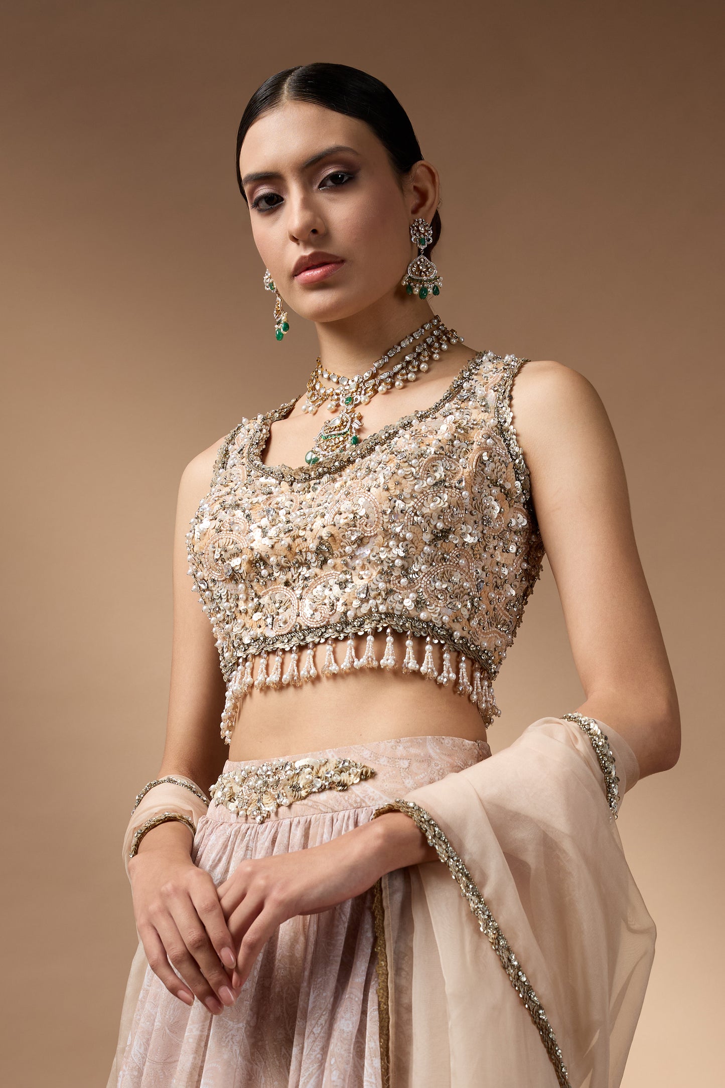 Embriodred Blouse with Beige printed lehenga