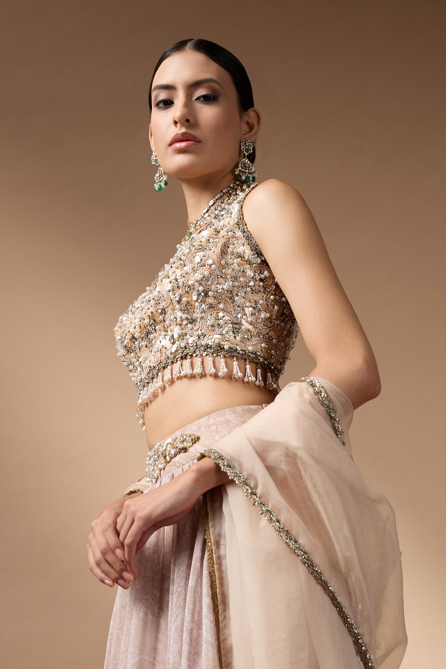Embriodred Blouse with Beige printed lehenga