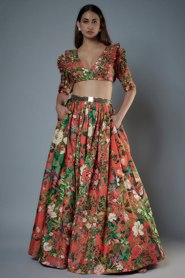 Printed Ruffle Blouse & Lehenga