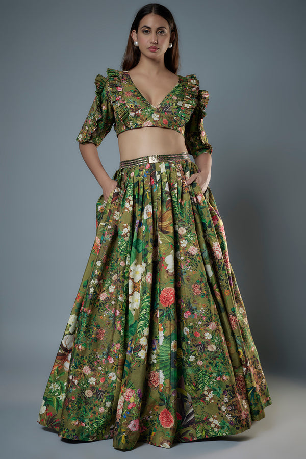 Printed Ruffle Blouse & Lehenga