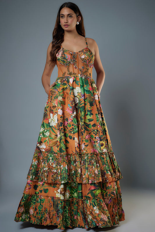 Printed Corset Gown with Appliqué Work.