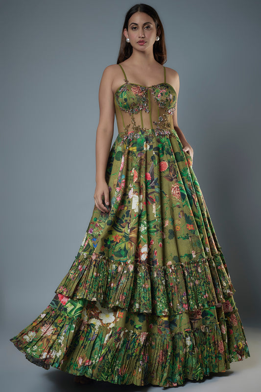 Printed Corset Gown with Appliqué Work.