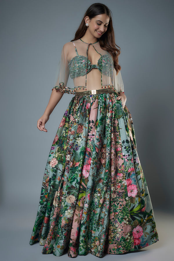 Printed Patchwork Bustier with Dual Coloured Godet Skirt