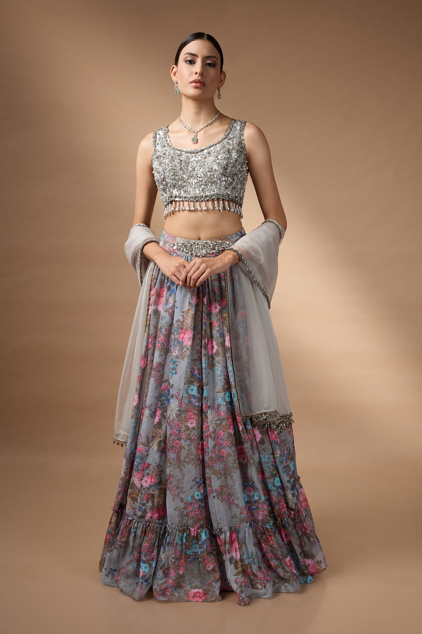 Embriodred Blouse with Grey printed lehenga