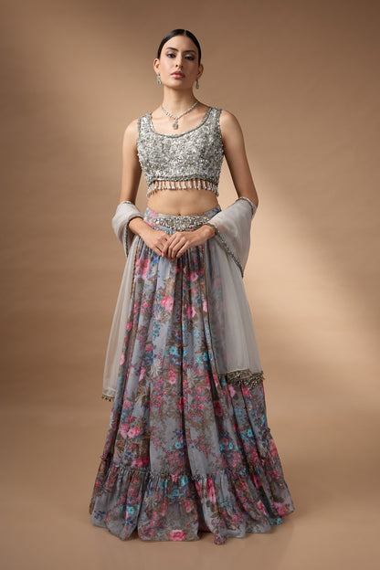 Embriodred Blouse with Grey printed lehenga