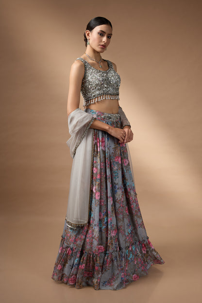 Embriodred Blouse with Grey printed lehenga