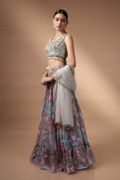 Embriodred Blouse with Grey printed lehenga