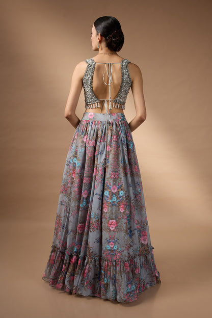 Embriodred Blouse with Grey printed lehenga