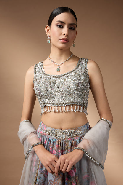 Embriodred Blouse with Grey printed lehenga