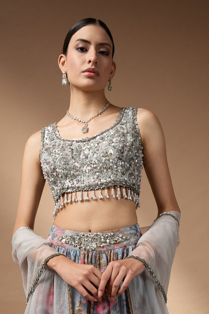 Embriodred Blouse with Grey printed lehenga
