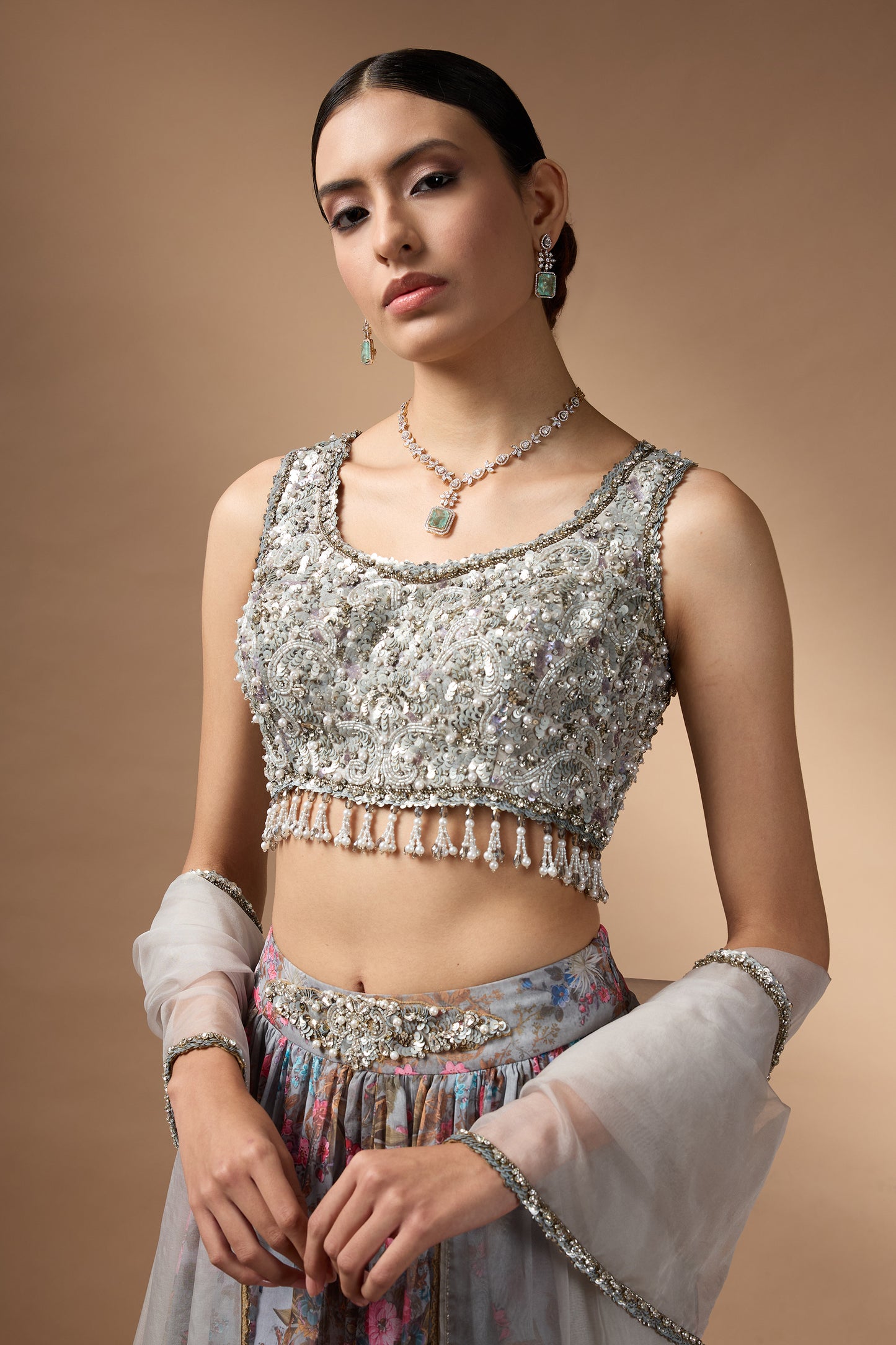 Embriodred Blouse with Grey printed lehenga