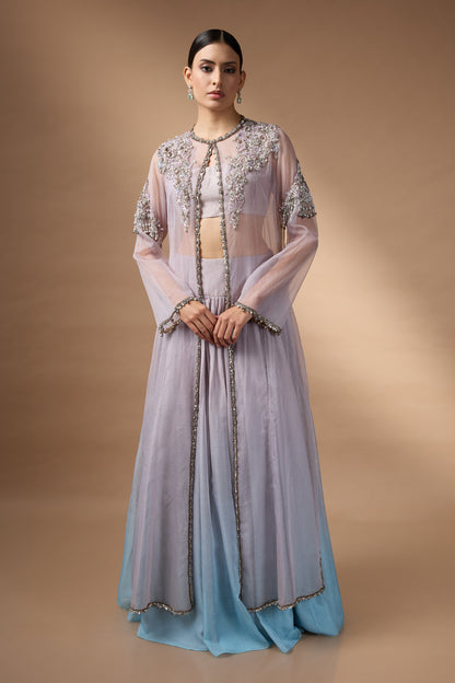Long Jacket With Patch Work Skirt Set