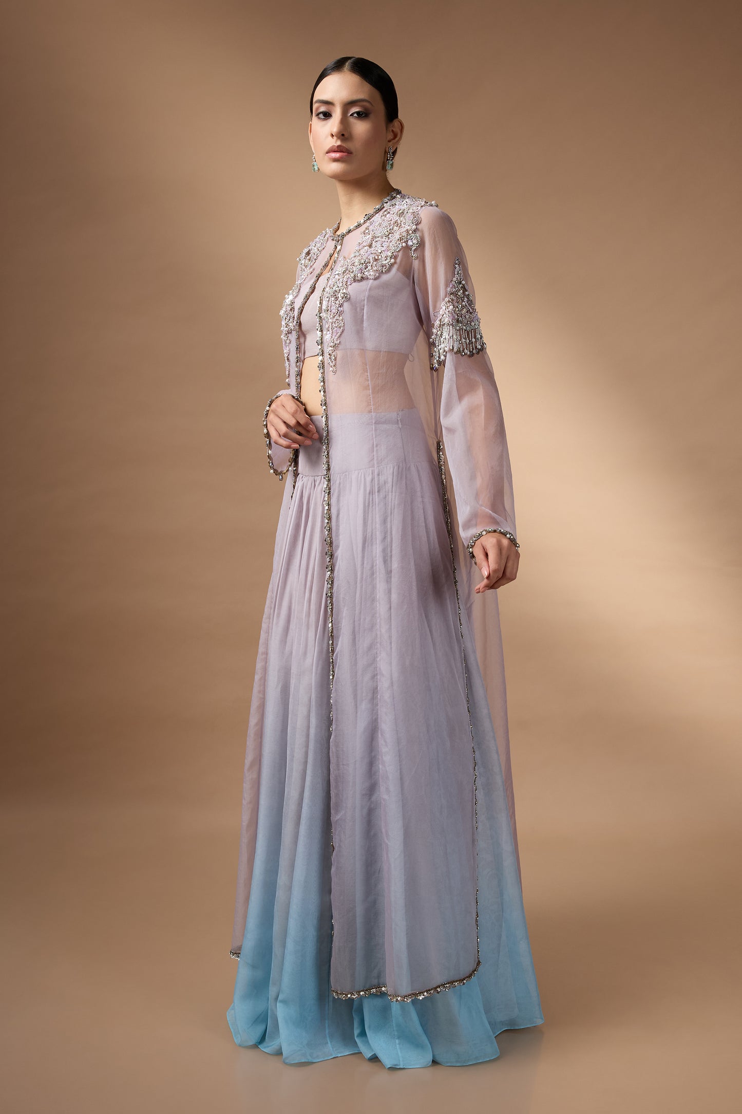 Long Jacket With Patch Work Skirt Set