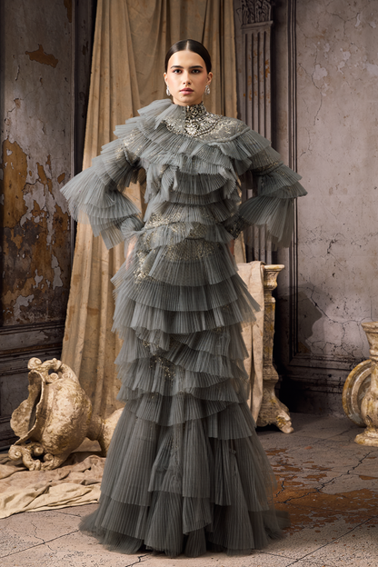 Grey Pleated Embroidered Gown