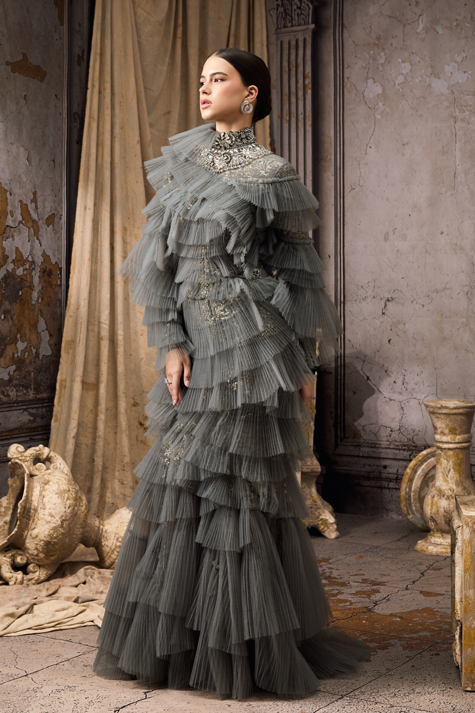 Grey Pleated Embroidered Gown