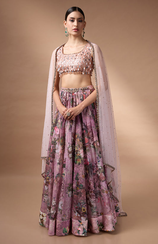 Pink Sleevless Blouse with printed lehenga