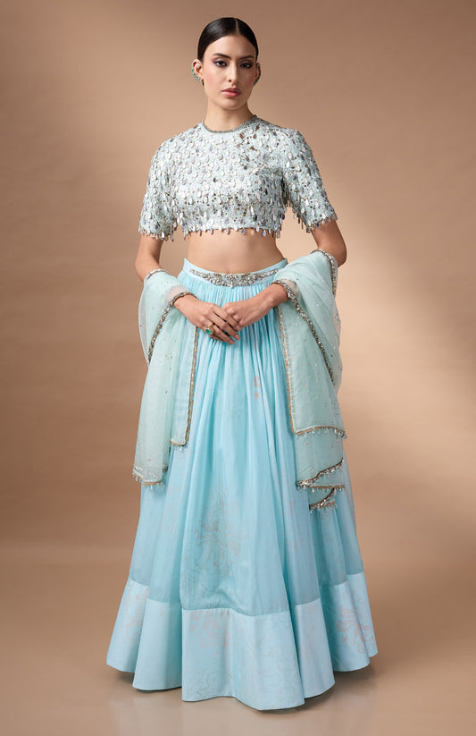 Blue embriodered blouse with printed lehenga