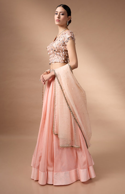 Orange embriodered blouse with printed lehenga