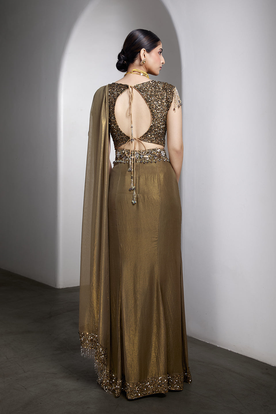 Olive-gold drapped saree set