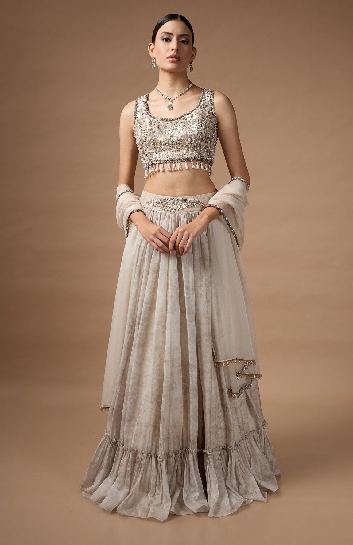 Embriodred Blouse with Light Grey printed lehenga