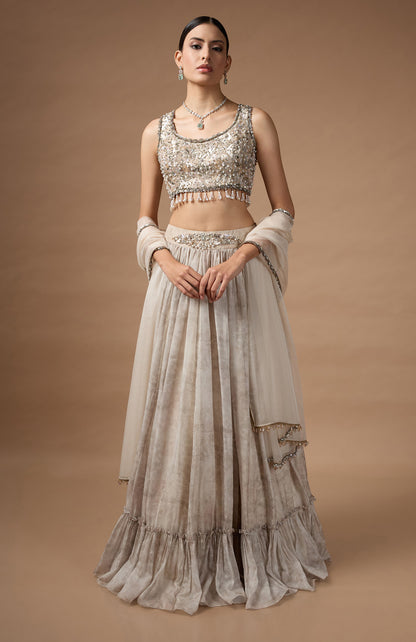 Embriodred Blouse with Light Grey printed lehenga