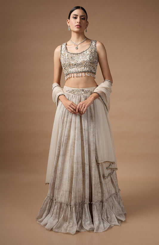 Embriodred Blouse with Light Grey printed lehenga