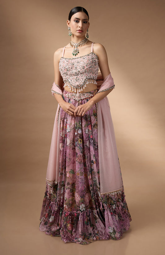 Pink Embriodered blouse with floral printed lehenga