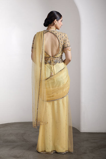Yellow drapped saree set