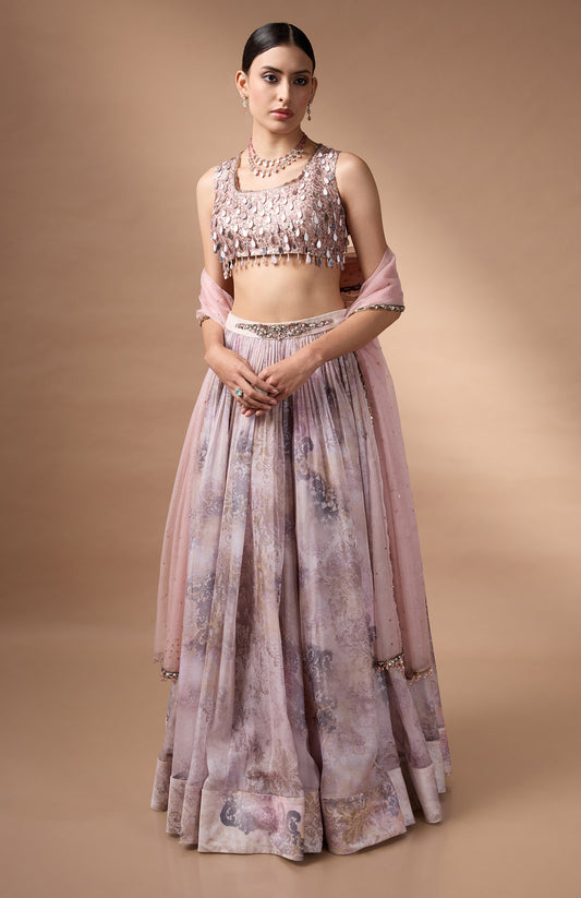 Ivory Sleevless Blouse with printed lehenga