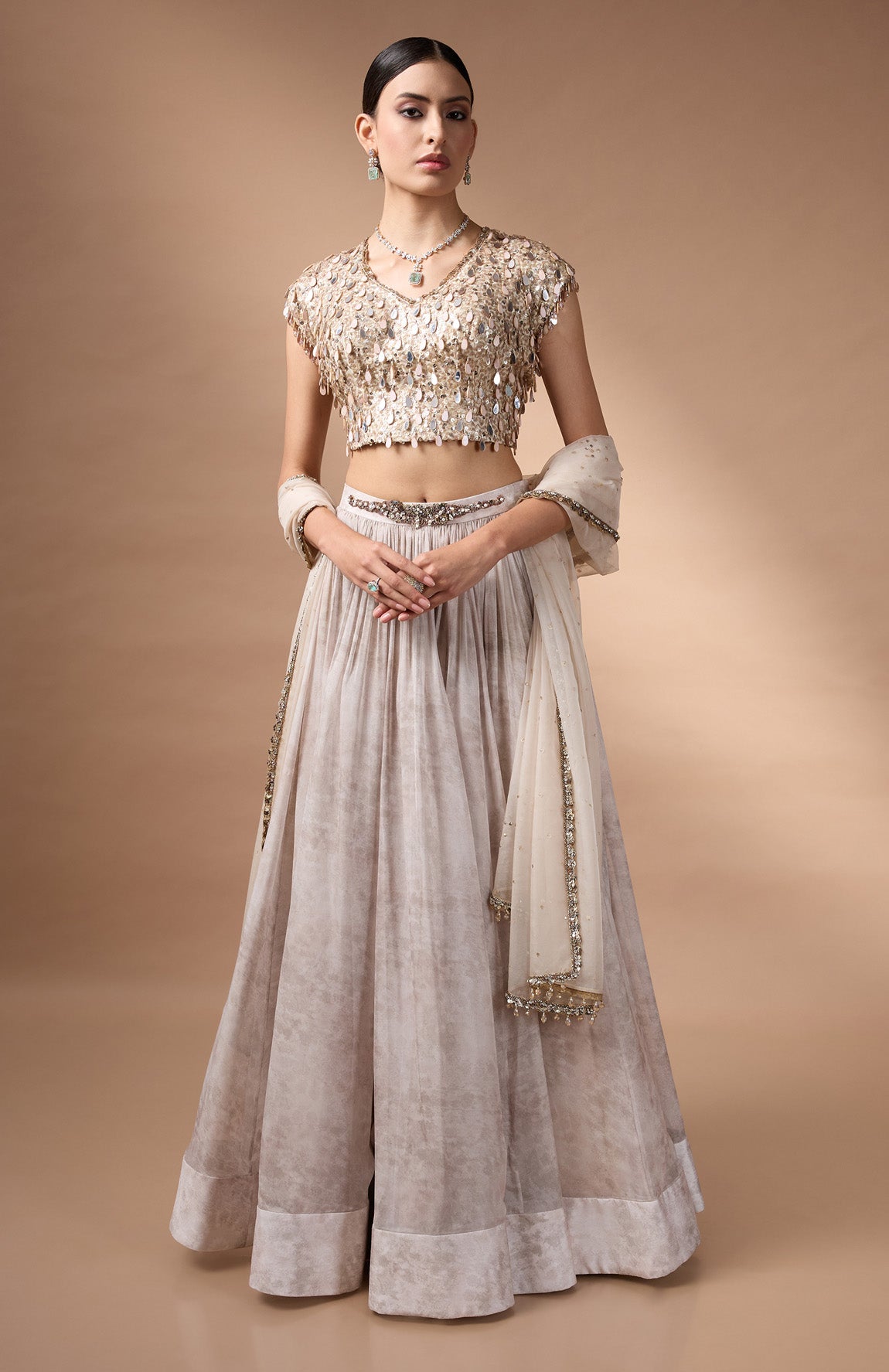 Ivory embriodered blouse with printed lehenga