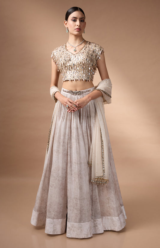 Ivory embriodered blouse with printed lehenga