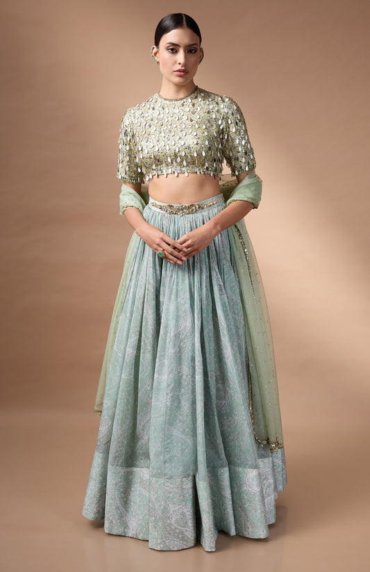 Green embriodered blouse with printed lehenga