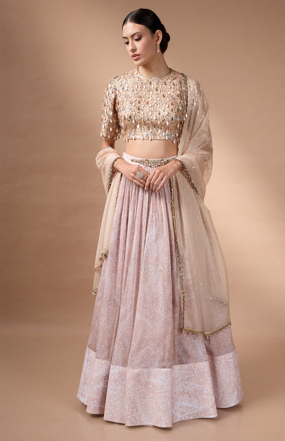 Beige embriodered blouse with printed lehenga