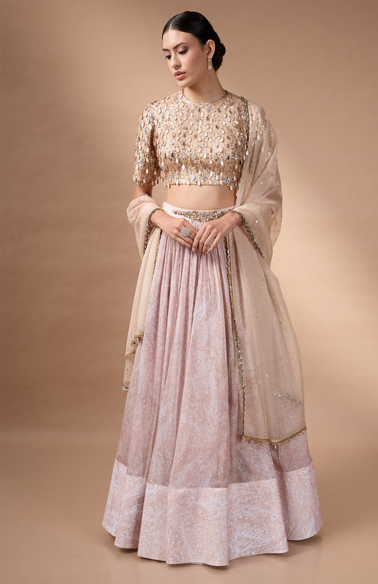 Beige embriodered blouse with printed lehenga
