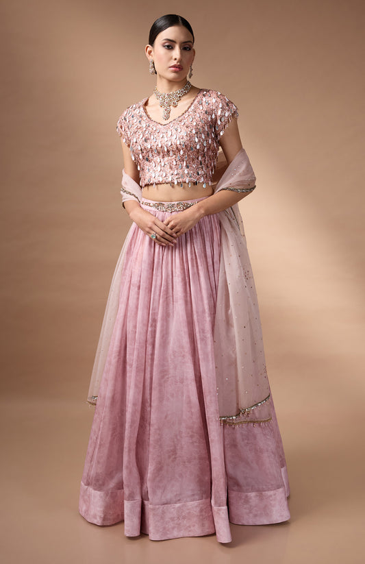 Pink embriodered blouse with printed lehenga