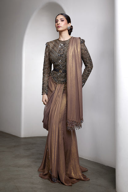 Nude drapped saree set