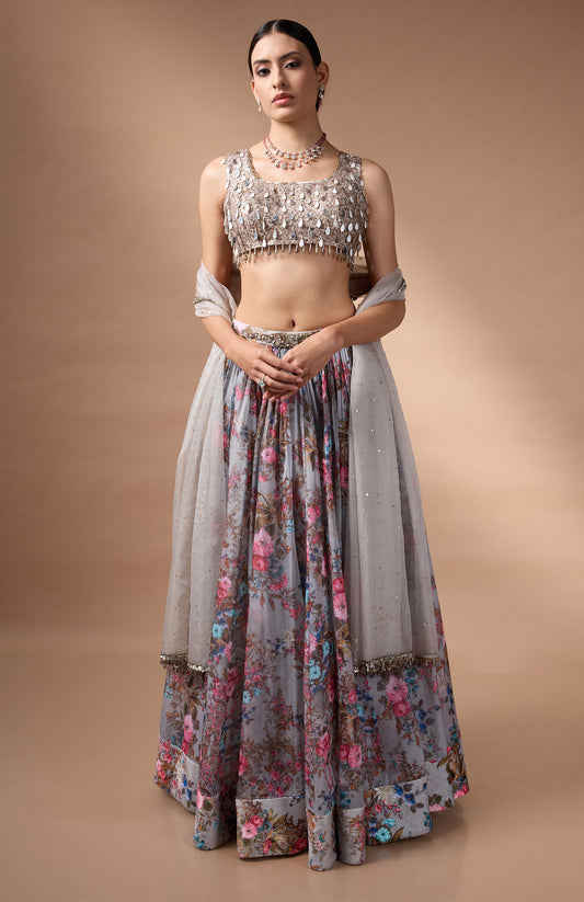 Grey Sleevless Blouse with printed lehenga