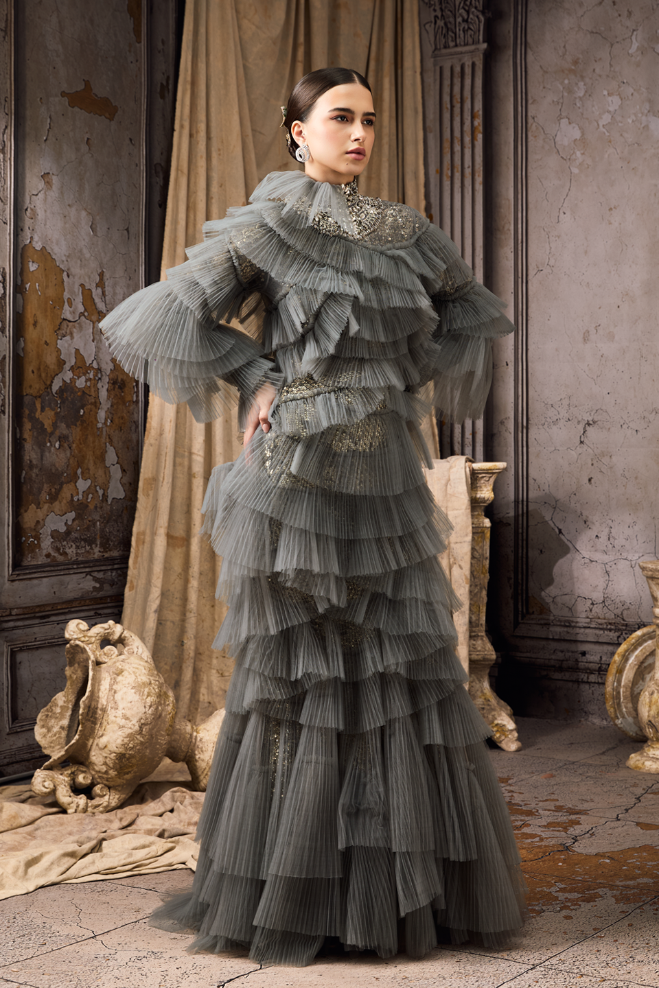 Grey Pleated Embroidered Gown