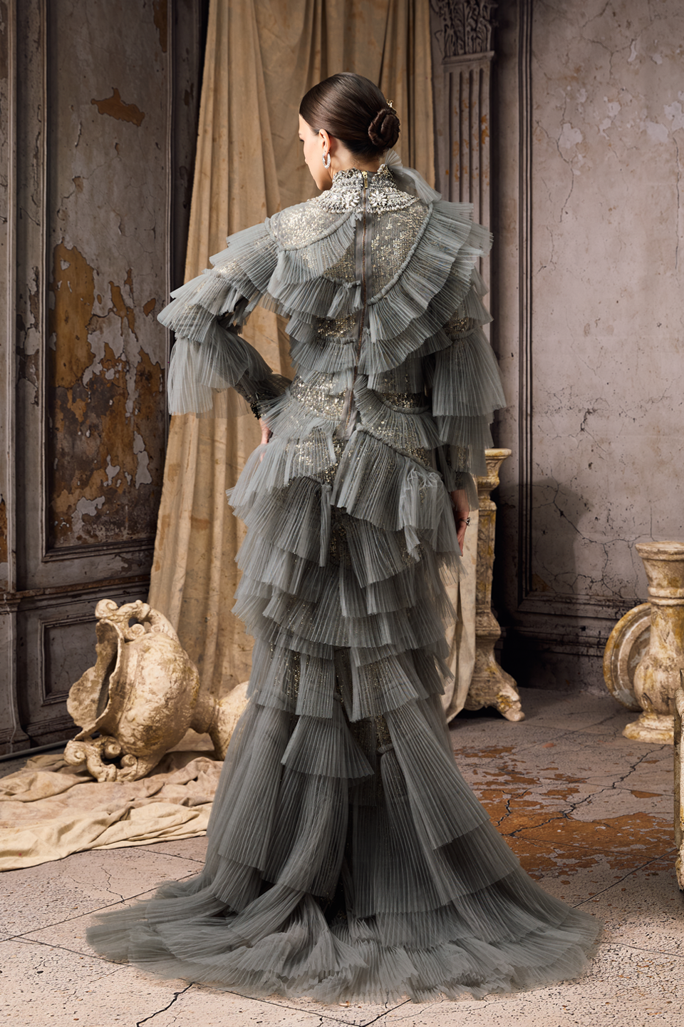 Grey Pleated Embroidered Gown